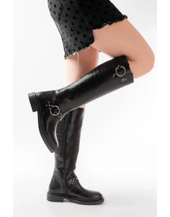 2024-3004 Siyah Kroko Toka Aksesuarlı Lastikli Fermuarlı Günlük Kadın Çizme