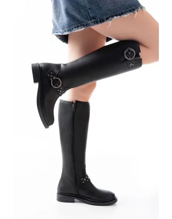 Siyah Toka Aksesuarlı Lastikli Fermuarlı Günlük Kadın Çizme