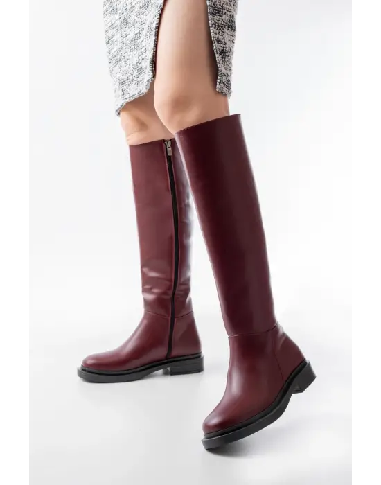 Bordo Fermuarlı Günlük Kadın Çizme