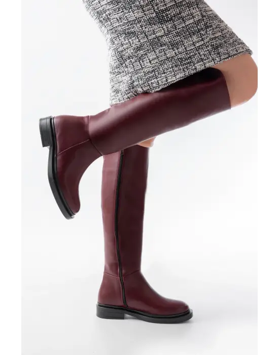 Bordo Fermuarlı Günlük Kadın Çizme