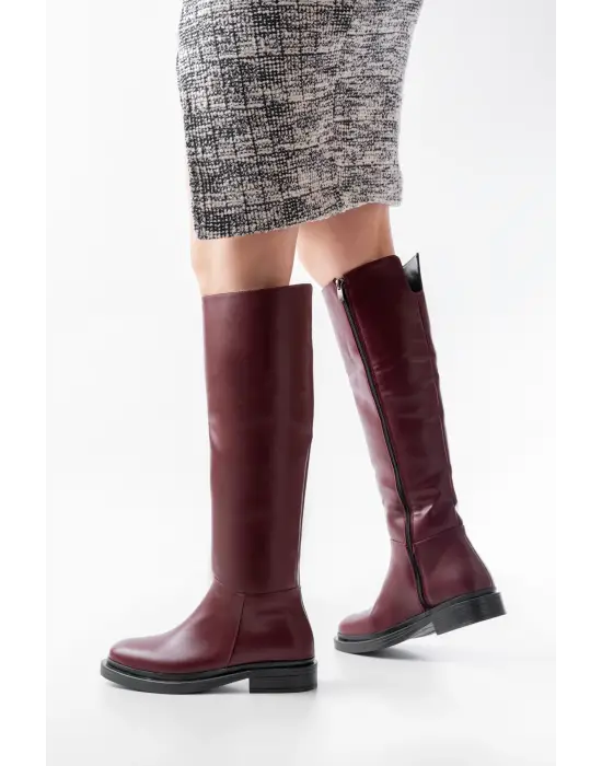 Bordo Fermuarlı Günlük Kadın Çizme