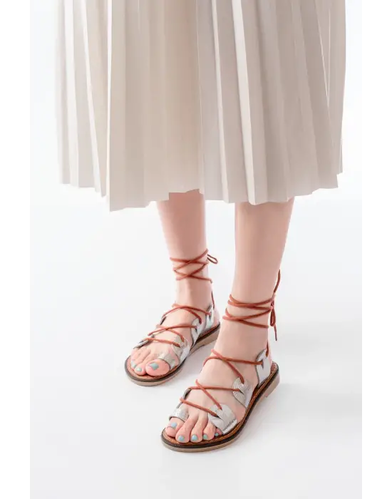 205-01 Gümüş Bilekten Bağlamalı Ortopedik Hakiki Deri Kadın Sandalet