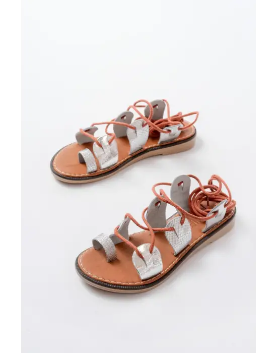 205-01 Gümüş Bilekten Bağlamalı Ortopedik Hakiki Deri Kadın Sandalet