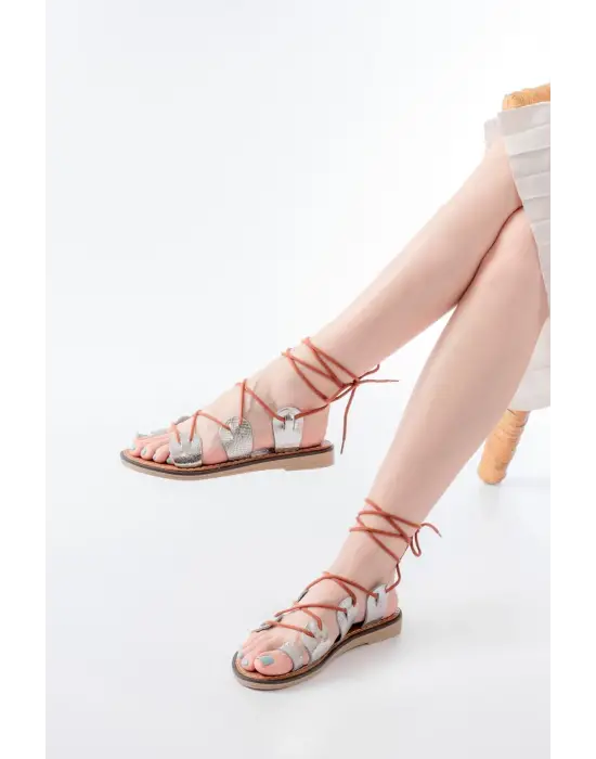 205-01 Gümüş Bilekten Bağlamalı Ortopedik Hakiki Deri Kadın Sandalet