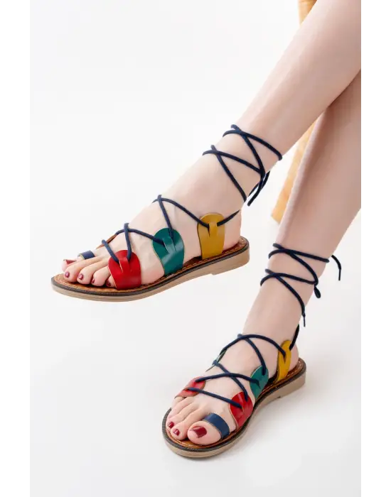 Multi Bilekten Bağlamalı Ortopedik Hakiki Deri Kadın Sandalet