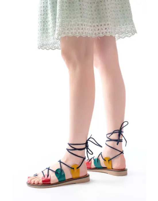 205-01 Multi Bilekten Bağlamalı Ortopedik Hakiki Deri Kadın Sandalet