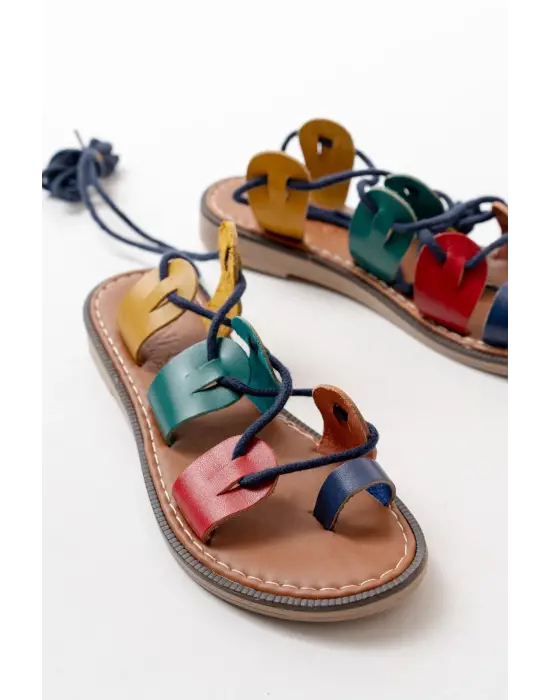 Multi Bilekten Bağlamalı Ortopedik Hakiki Deri Kadın Sandalet