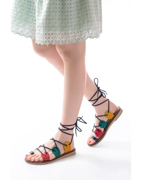 205-01 Multi Bilekten Bağlamalı Ortopedik Hakiki Deri Kadın Sandalet