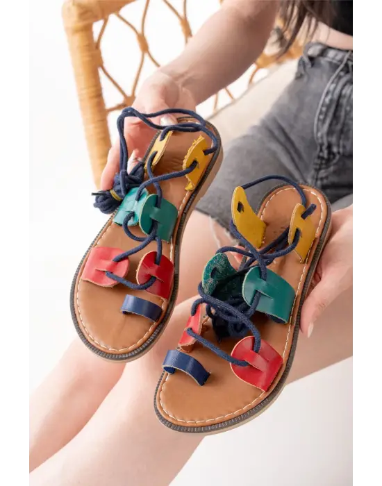 Multi Bilekten Bağlamalı Ortopedik Hakiki Deri Kadın Sandalet