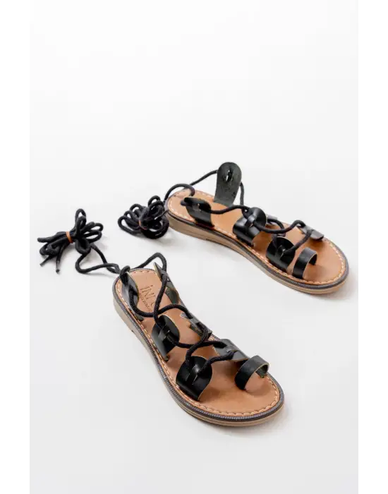 Siyah Bilekten Bağlamalı Ortopedik Hakiki Deri Kadın Sandalet