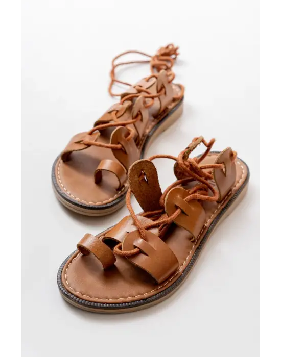 Taba Bilekten Bağlamalı Ortopedik Hakiki Deri Kadın Sandalet