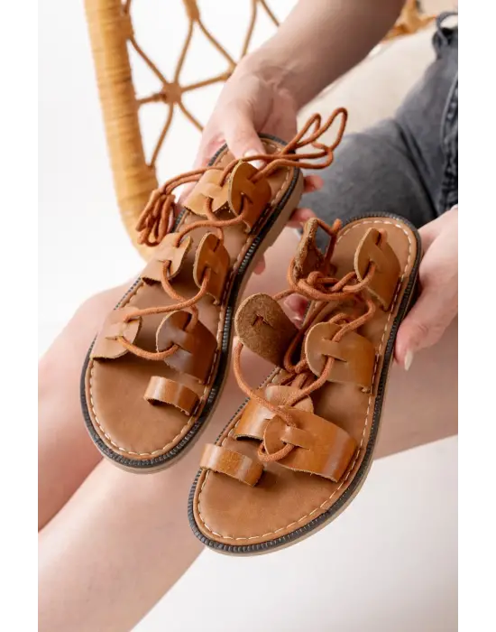 Taba Bilekten Bağlamalı Ortopedik Hakiki Deri Kadın Sandalet