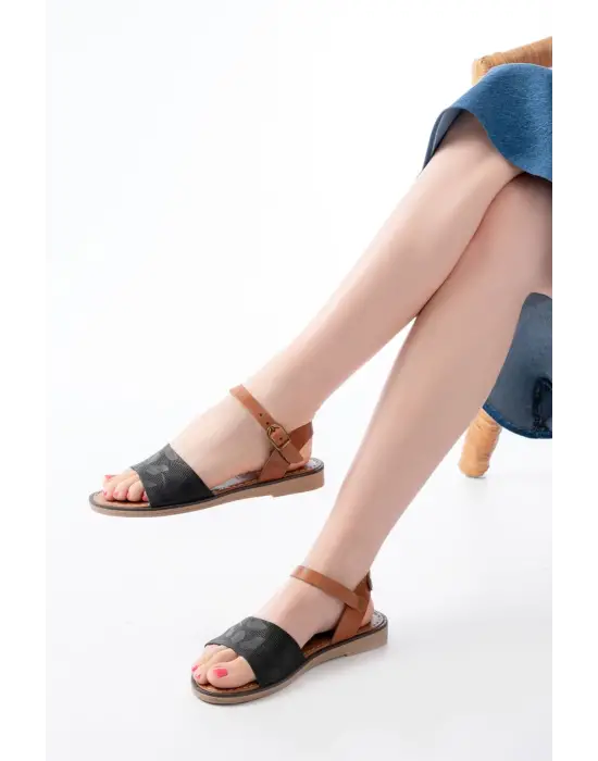 205-012 Siyah Ortopedik Hakiki Deri Kadın Sandalet