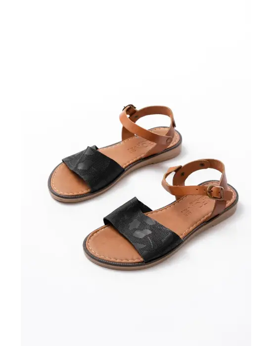 205-012 Siyah Ortopedik Hakiki Deri Kadın Sandalet