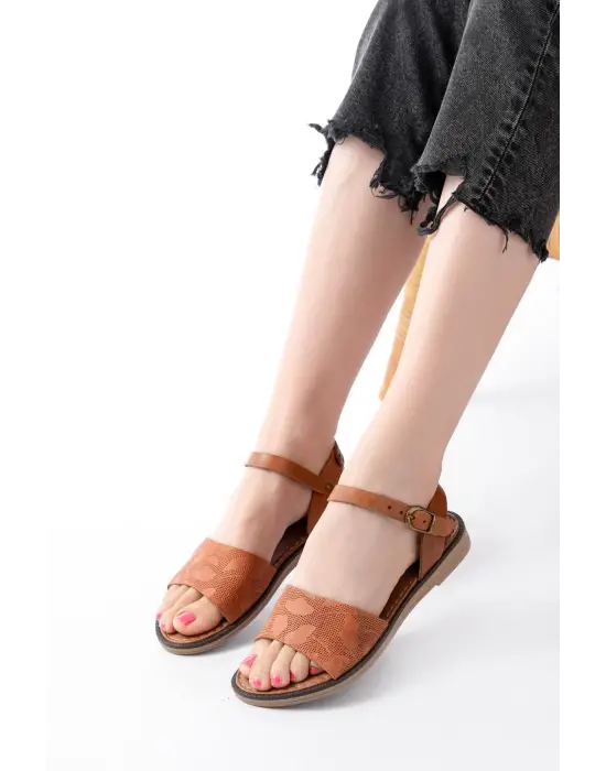 205-012 Taba Ortopedik Hakiki Deri Kadın Sandalet