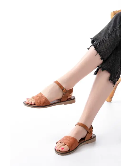 205-012 Taba Ortopedik Hakiki Deri Kadın Sandalet