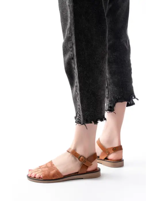 205-012 Taba Ortopedik Hakiki Deri Kadın Sandalet