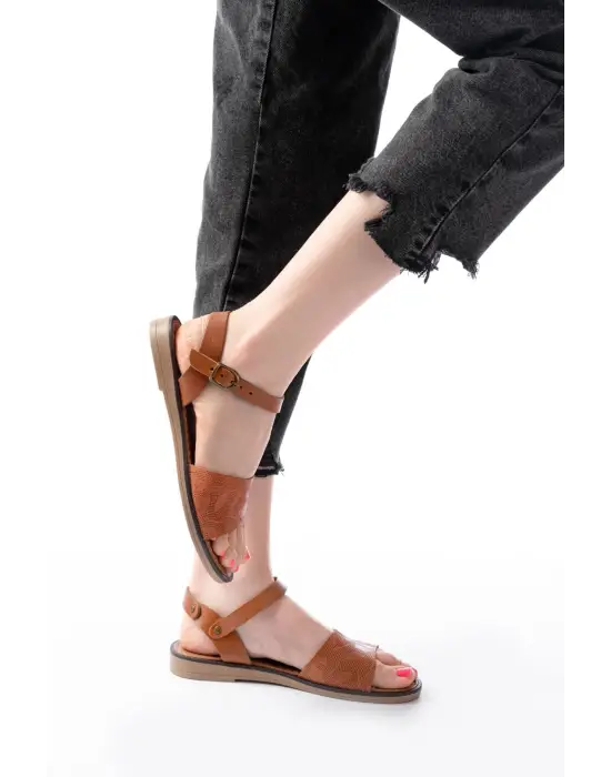 205-012 Taba Ortopedik Hakiki Deri Kadın Sandalet