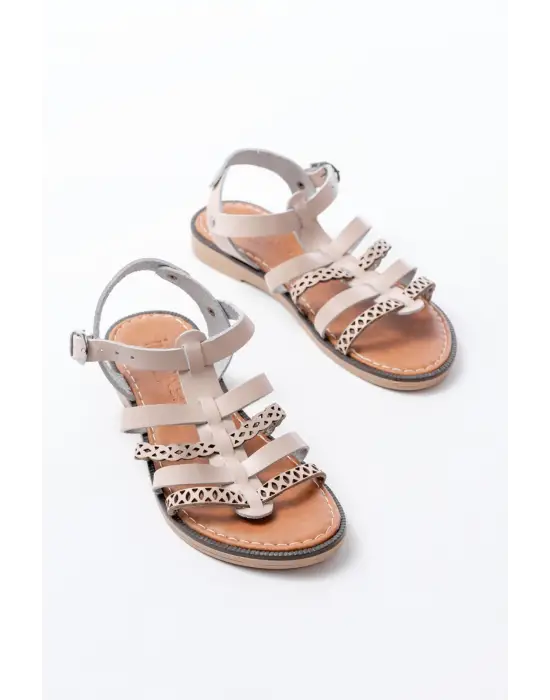 205-014 Bej Lazerli Kesim Hakiki Deri Ortopedik Taban Günlük Kadın Sandalet