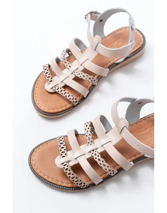 205-014 Bej Lazerli Kesim Hakiki Deri Ortopedik Taban Günlük Kadın Sandalet