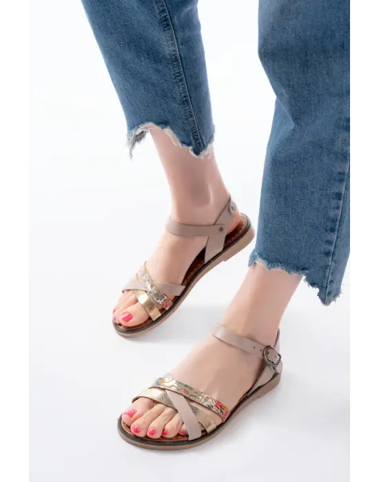 205-015 Bej Garni Ortopedik Hakiki Deri Kadın Sandalet