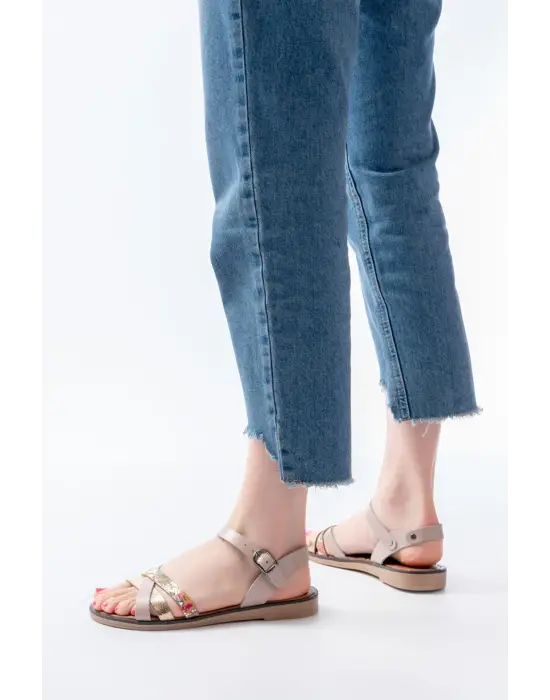 205-015 Bej Garni Ortopedik Hakiki Deri Kadın Sandalet