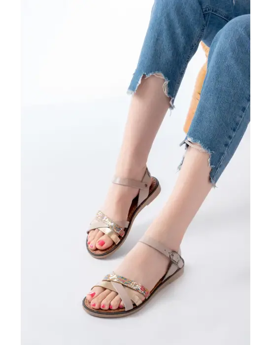 205-015 Bej Garni Ortopedik Hakiki Deri Kadın Sandalet
