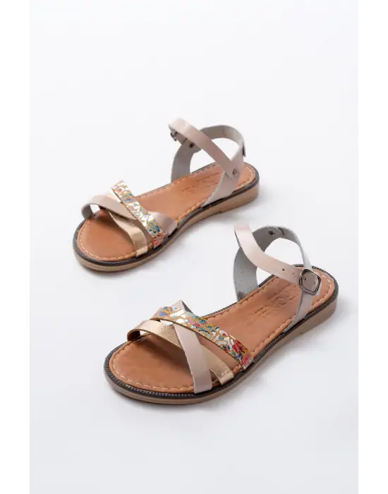 205-015 Bej Garni Ortopedik Hakiki Deri Kadın Sandalet
