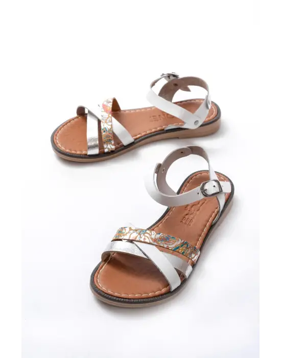 205-015 Beyaz Garni Ortopedik Hakiki Deri Dolgu Kadın Sandalet