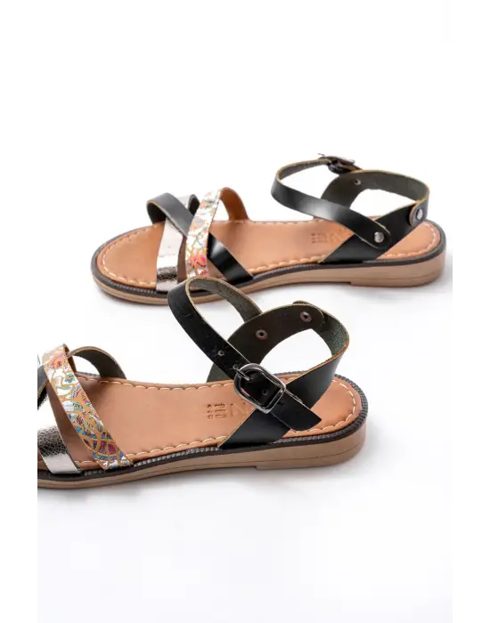 205-015 Siyah Garni Ortopedik Hakiki Deri Dolgu Kadın Sandalet