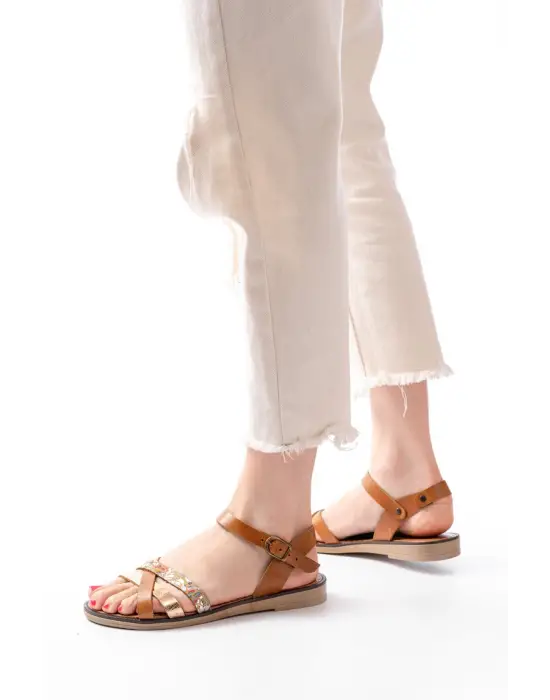 205-015 Taba Garni Ortopedik Hakiki Deri Dolgu Kadın Sandalet