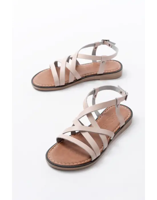 205-017 Bej Ortopedik Hakiki Deri Kadın Sandalet