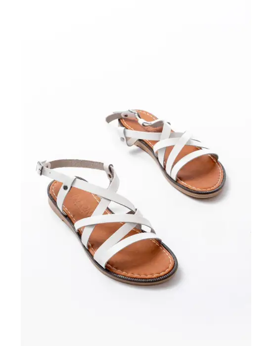 205-017 Beyaz Ortopedik Hakiki Deri Kadın Sandalet