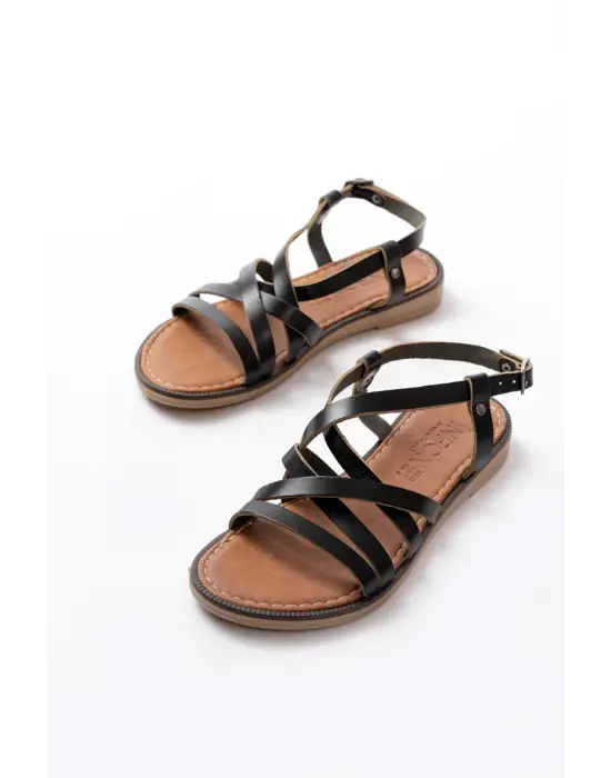 205-017 Siyah Ortopedik Hakiki Deri Kadın Sandalet