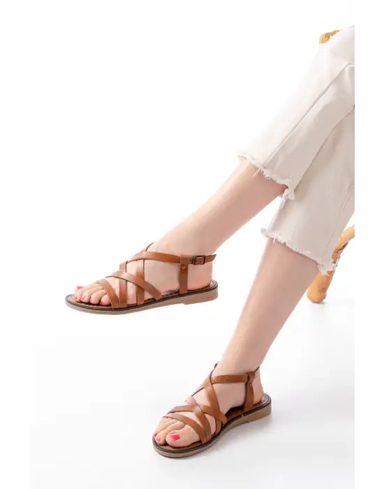 205-017 Taba Ortopedik Hakiki Deri Kadın Sandalet