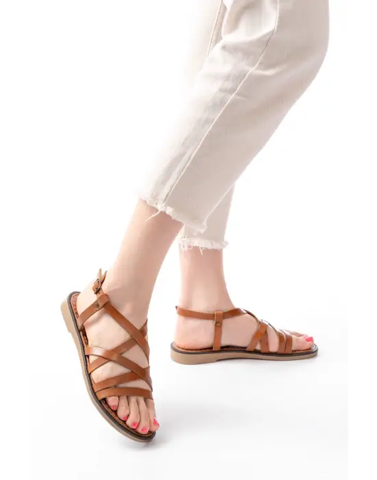 205-017 Taba Ortopedik Hakiki Deri Kadın Sandalet