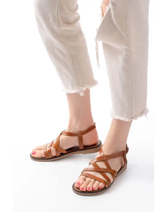 205-017 Taba Ortopedik Hakiki Deri Kadın Sandalet