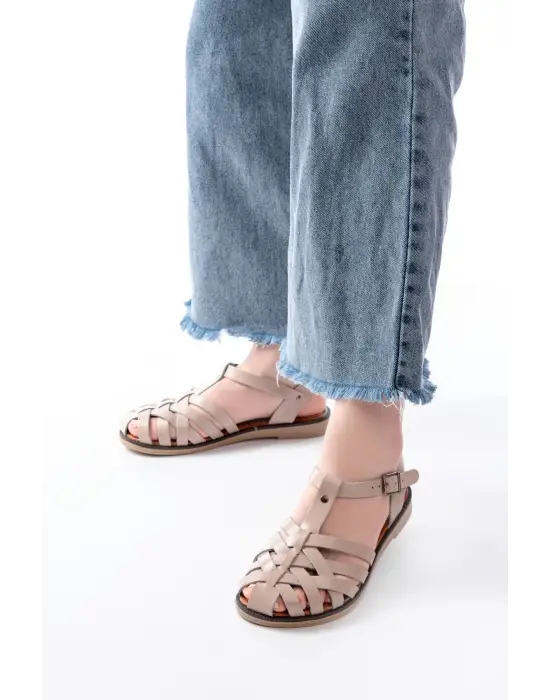 205-02 Bej Ortopedik Hakiki Deri Kadın Sandalet