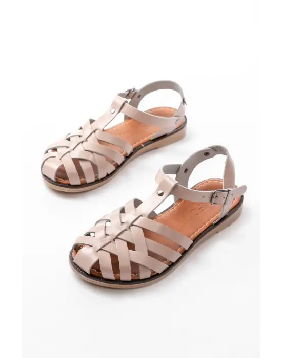 205-02 Bej Ortopedik Hakiki Deri Kadın Sandalet