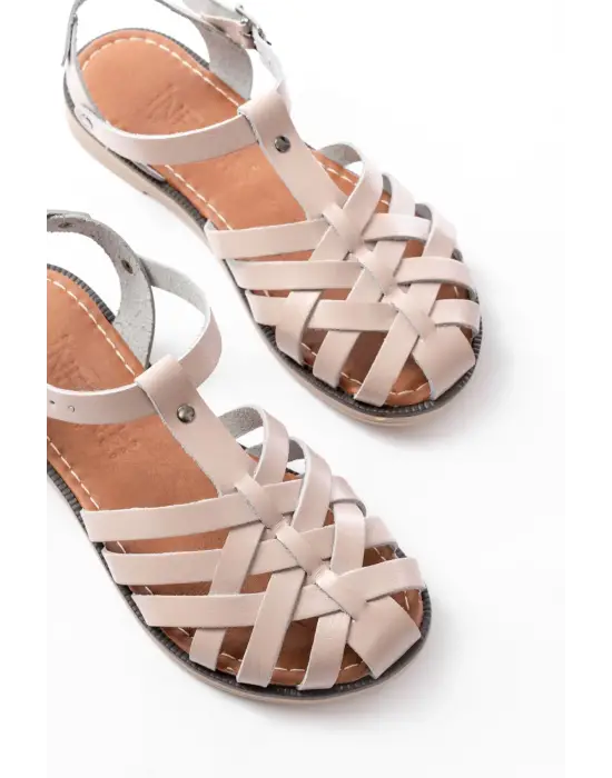 205-02 Bej Ortopedik Hakiki Deri Kadın Sandalet