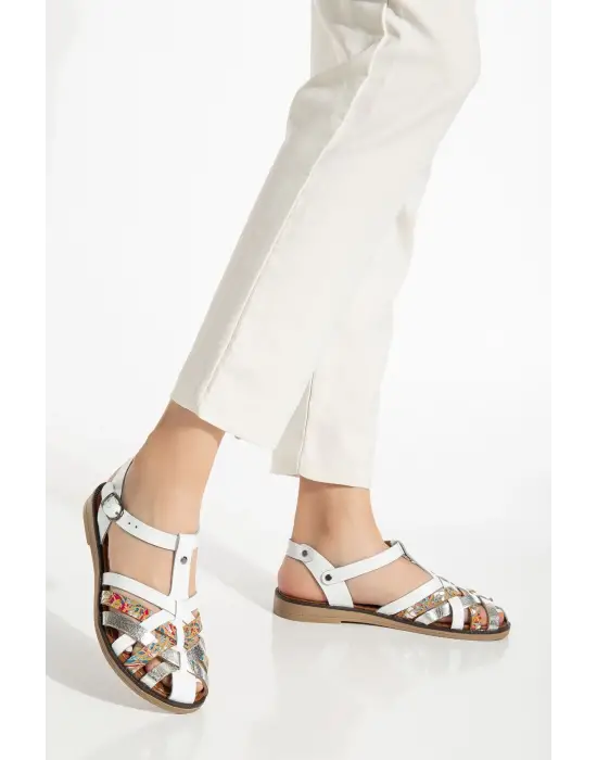 Beyaz Garni Ortopedik Hakiki Deri Kadın Sandalet
