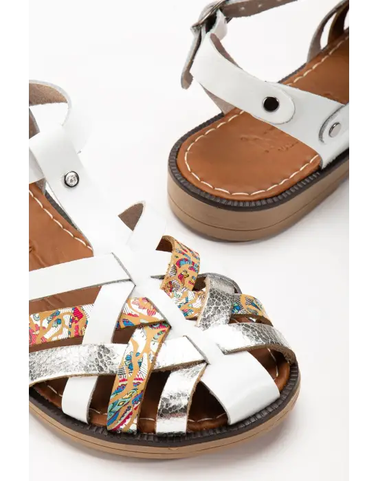 Beyaz Garni Ortopedik Hakiki Deri Kadın Sandalet