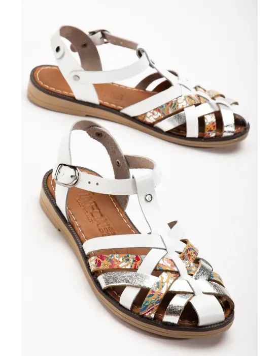 Beyaz Garni Ortopedik Hakiki Deri Kadın Sandalet