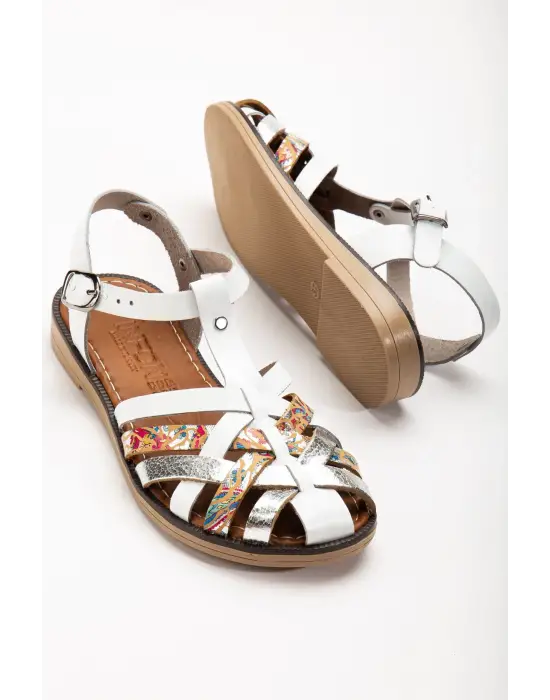 Beyaz Garni Ortopedik Hakiki Deri Kadın Sandalet