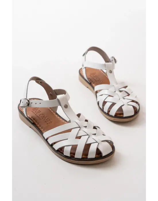 Beyaz Ortopedik Hakiki Deri Kadın Sandalet