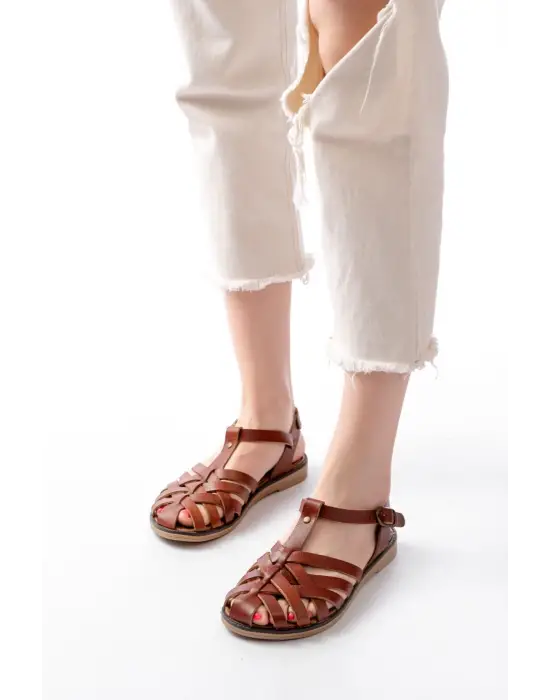 205-02 K. Kahve Ortopedik Hakiki Deri Kadın Sandalet