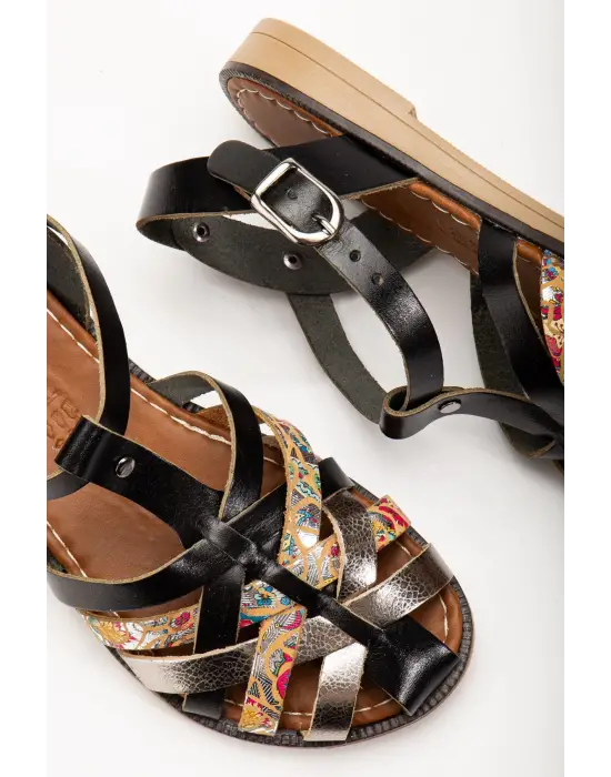 Siyah Garni Ortopedik Hakiki Deri Kadın Sandalet