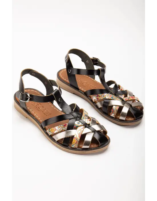 Siyah Garni Ortopedik Hakiki Deri Kadın Sandalet