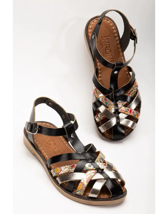 Siyah Garni Ortopedik Hakiki Deri Kadın Sandalet