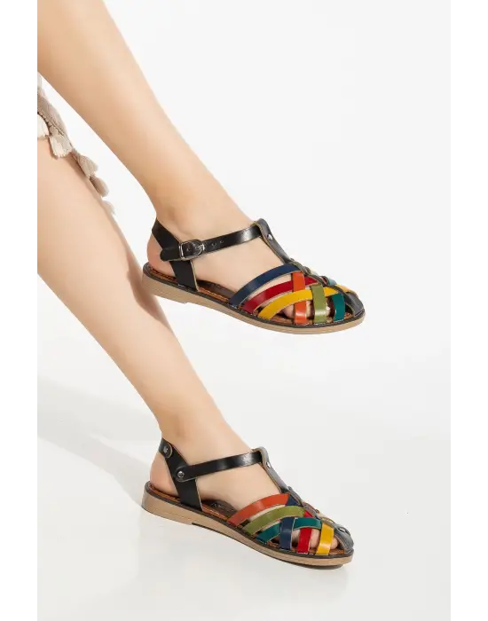 Siyah Multi Ortopedik Hakiki Deri Kadın Sandalet